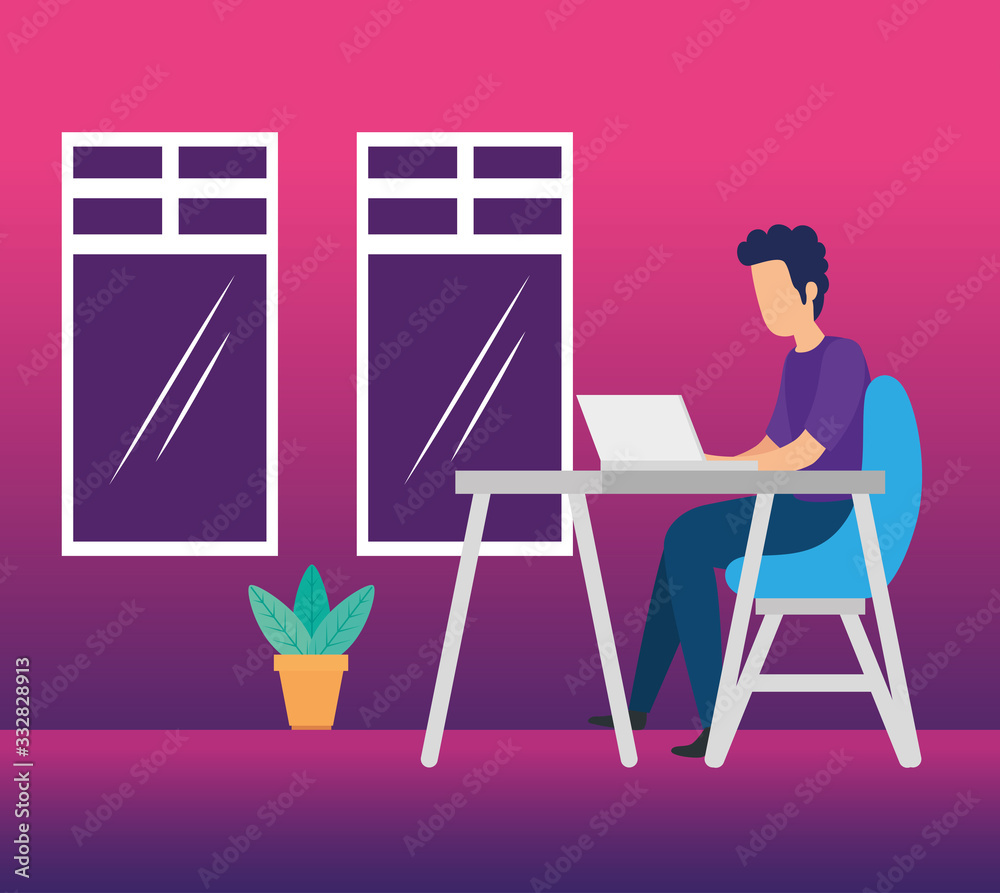 Canvas Prints man working in workplace with computer and icons vector illustration design