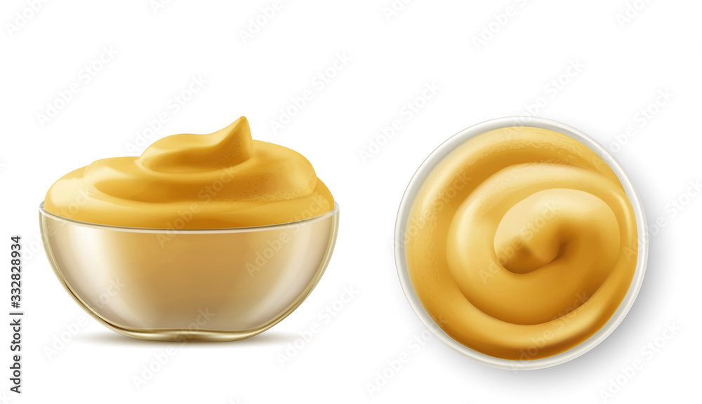 Wall mural Mustard sauce in bowl top view and side view set. Glass cup with fresh product, spicy condiment with swirl on top isolated on transparent background, realistic 3d vector illustration, icon, clip art