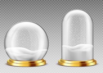 Realistic snow globe and dome, christmas souvenir isolated on transparent background, glass containers on golden base. Festive design element, xmas gift mock up. Realistic 3d vector clip art, icon set