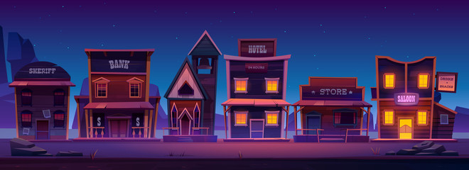 Western town with old wooden buildings at night. Wild west landscape for game gui. Vector cartoon illustration of city street with catholic church, saloon, sheriff office, bank, hotel and store