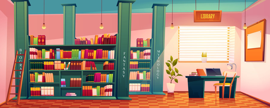 Library with books on shelves and laptop on table. Vector cartoon illustration of school, university or public library or store with bookcase, ladder, desk for study and chair