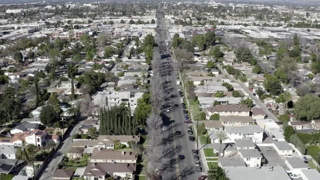 Aerial drone view of suburb residential houses, Van Nuys, California