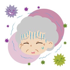 寒気・悪寒を感じている高齢女性とウイルスのイラスト