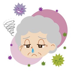 鼻水が出ている高齢女性とウイルスのイラスト