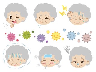 体調不良の高齢女性とウイルス・ハウスダストのイラストセット