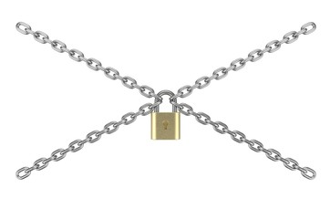 Lock down text with metal chain and lock, 3d render illustration.
