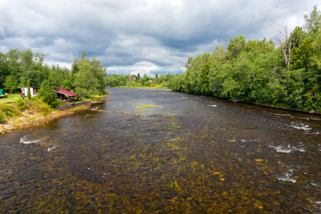 Aerial view of Threshold Staircase on the Msta river on a summer rainy day. Borovichi district,...