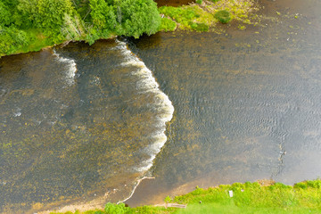 Aerial view of Threshold Staircase on the Msta river on a summer rainy day. Borovichi district,...