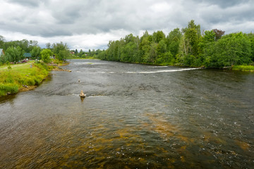 Aerial view of Threshold Staircase on the Msta river on a summer rainy day. Borovichi district,...
