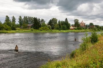 Threshold Staircase to the Msta river on a summer rainy day. Borovichi district, Novgorod region,...