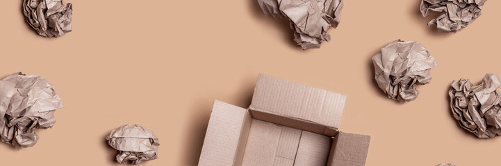 concept of over consumption, trash bought and produced, recyclable packaging.