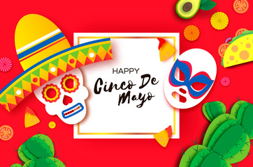 Cinco De Mayo Banner. Mexican skull with sombrero hat and luchador mask in paper cut style. Nachos, Tacos. Fan. Red background. Square frame. Space for text.