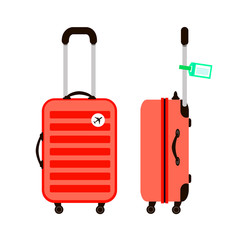 Red Travel Suitcases. Time to Travel. Trip to World. Vacation. Holidays. Travel banner. Front view. Modern flat design.