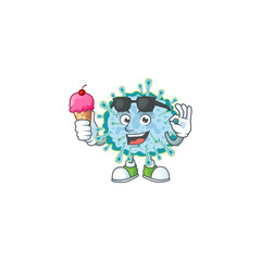 cartoon character of coronavirus illness enjoying an ice cream