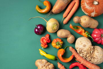 Trendy ugly organic vegetables. Assortment of fresh eggplant, onion, carrot, zucchini, potatoes,...