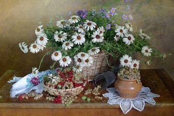 Still life with white daisies and ripe berries