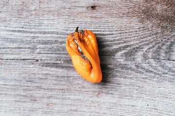 Moldy and wrinkled rotten peppers. Concept of unhealthy, decompose, spoiled vegetables. Garbage...