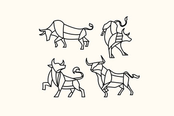 pack of polygon bull tattoos logo vector illustration