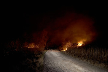 Fototapeta premium Wildfires. Burning estuary. Fire in the steppe.