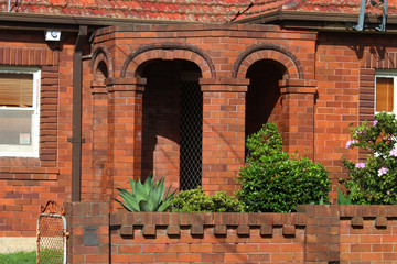 Arched decorative brick entrance of an old historic 