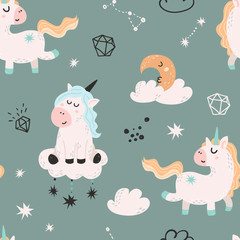 Seamless pattern with magic unicorns