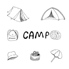 vector set of hand-drawn elements in doodle style, picnic, camping, tent, camp