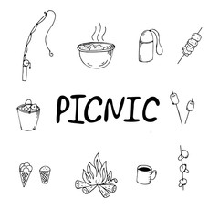 vector set of hand-drawn elements in doodle style, picnic, fishing, bucket catch, barbecue, food on a fire