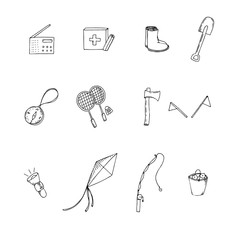 vector set of hand-drawn elements in doodle style, camping, games, hobbies, tools, useful things