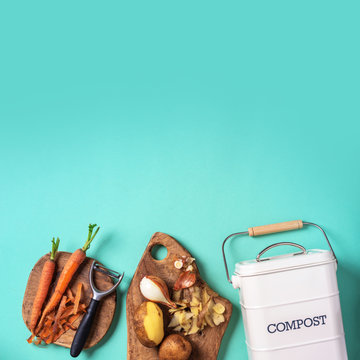 Top view of kitchen food waste collected in recycling compost pot. Peeled vegetables on chopping board, white compost bin on blue background.