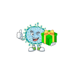 Cheerful coronavirus illness cartoon character holding a gift box