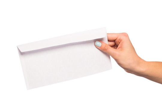 Female Hand Holding  Envelope Isolated On White Background .