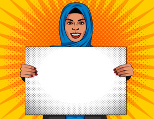 Colored vector illustration in pop art style. Beautiful muslim woman in traditional shawl on her head. Arabian woman holds a white sheet in her hands. Advertising poster,  template, advertisement.