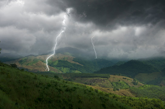 Scary lightening and clouds over mountains in monsoon season