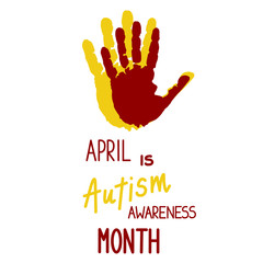 Hand of parent and child. Hand prints. World Autism Awareness Day. Poster with colored words. Simple vector illustration.