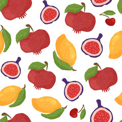 Textured fruit seamless pattern white background - pomegranates, figs and tropical mango. Healthy diet vegan organic food with hand made textures. Paper cut effected flat vector objects