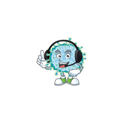 An attractive coronavirus illness mascot character concept wearing headphone
