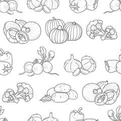 Vector seamless pattern with doodle vegetables; hand drawing vegetables for fabric, wallpaper, packaging, textile, web design.