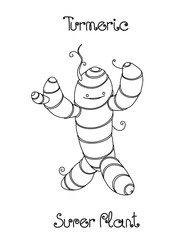 happy cute smiling turmeric root, culinary spice for cooking, funny character, comic monster, vector illustration with black contour lines isolated on white background in cartoon & hand drawn style