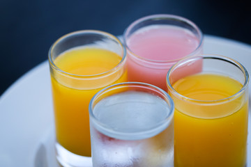 set of refreshing drink. orange juice, guava juice and cold water 