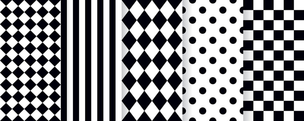 Harlequin seamless pattern. Vector. Circus black white background with rhombus, stripe, square, plaid and checkered. Grid tile texture. Geometric illustration. - obrazy, fototapety, plakaty