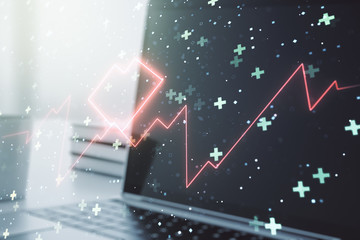 Creative abstract heart pulse hologram on modern computer background, online medical consulting concept. Multiexposure