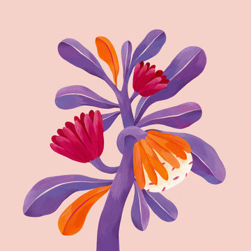 Purple flower on pink background, abstract flower, abstract plant, gouache flower
