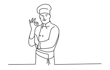 Line drawing vector illustration of chef showing ok sign. 