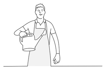 Line drawing vector illustration of gardener with a watering can.