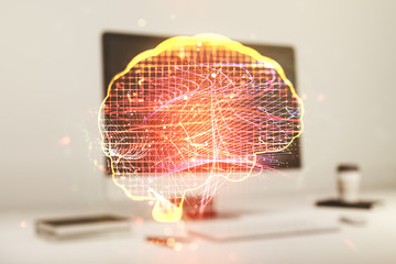 Creative artificial Intelligence concept with human brain sketch on modern computer background....
