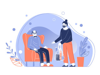 Young woman help older man and bring home food for him. Caring for elderly pensioners during quarantine. Coronavirus epidemic.