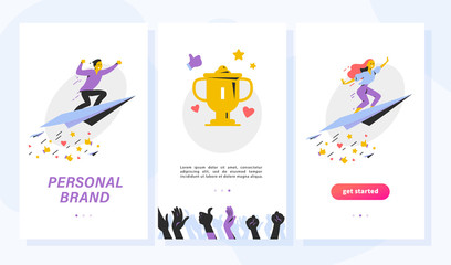 Personal brand design concept with businessman and woman fly up, positive feedback icon, victory cup, human hands applause. Mobile app landing page template interface, ui. Vector flat illustration.
