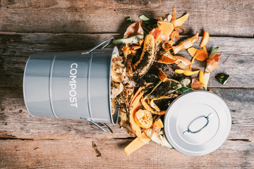 Recycle kitchen waste. Sustainable and zero waste living. Vegetable waste in recycling compost pot....