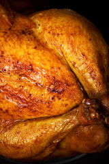 Roasted chicken in baking dish. Top view. Copy space. Macro shoot, selective focus