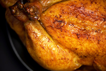 Roasted chicken in baking dish. Top view. Copy space. Macro shoot, selective focus